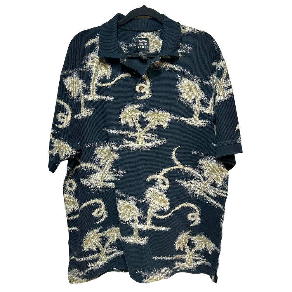 Cotton Traders Sport Mens Palm‎ Tree Polo Shirt Navy Blue Ribbed Cotton Large